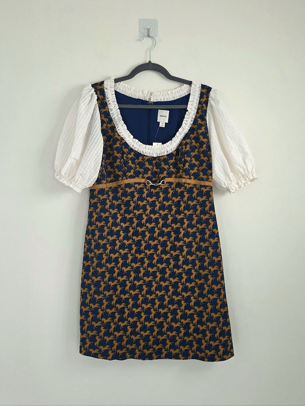 Maeve Navy Skirt with Mustard Orange Horse Print Puff Sleeve Dress